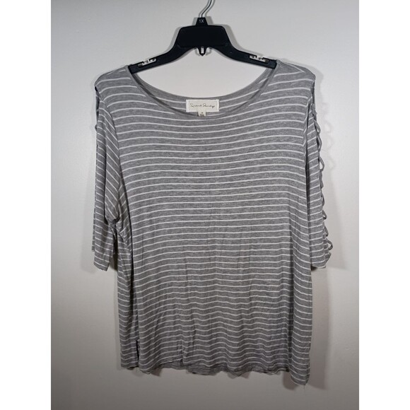 French Laundry Striped Grey White Cutout 3/4 Sleeve Top Plus Size 2X - Picture 1 of 5